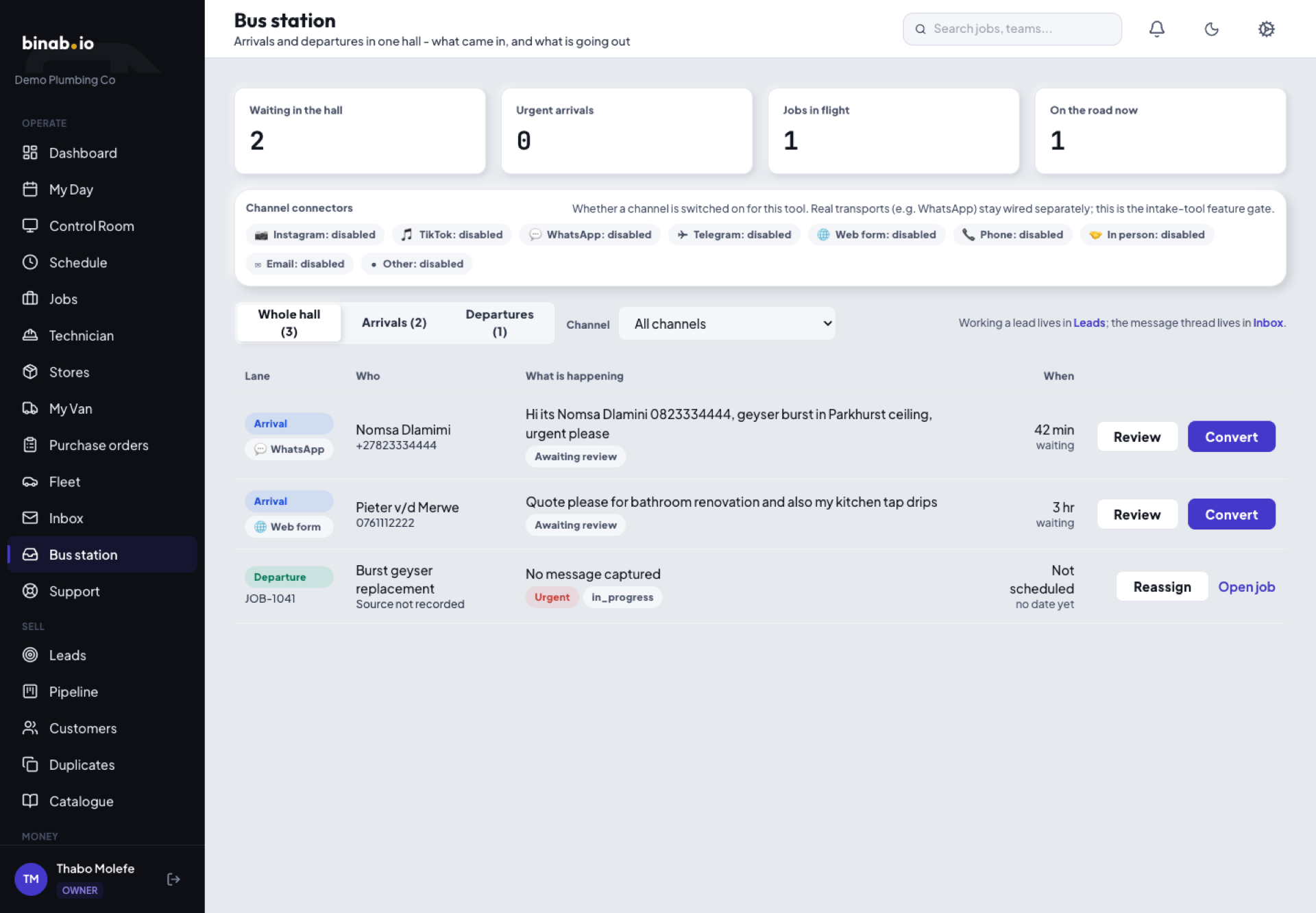 The binabio intake board: enquiries arriving from WhatsApp and a web form, one urgent job marked and waiting, one already on the road, with the whole app shell and its navigation visible