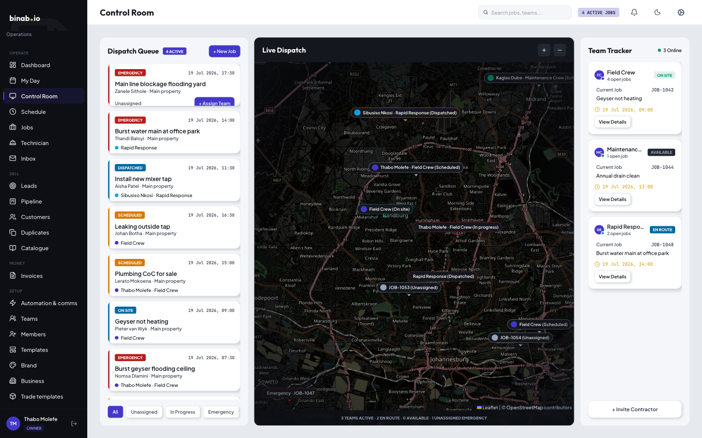 The control room: a dispatch queue of live jobs beside a Johannesburg map with technicians positioned on it