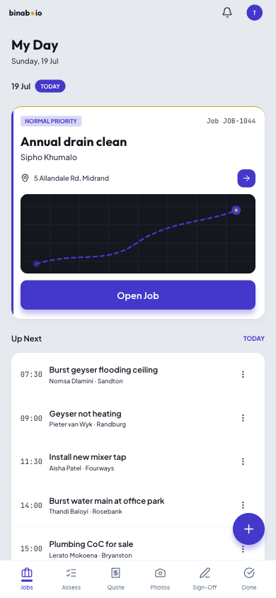The technician app on a phone: today's job with a route, Open Job, and the up-next queue