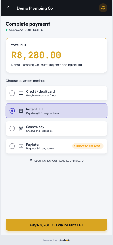 The customer portal on a phone: total due in gold with card, instant EFT and scan to pay, under the merchant brand