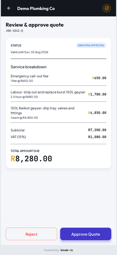 The customer portal on a phone showing a priced quotation waiting for the customer to approve it