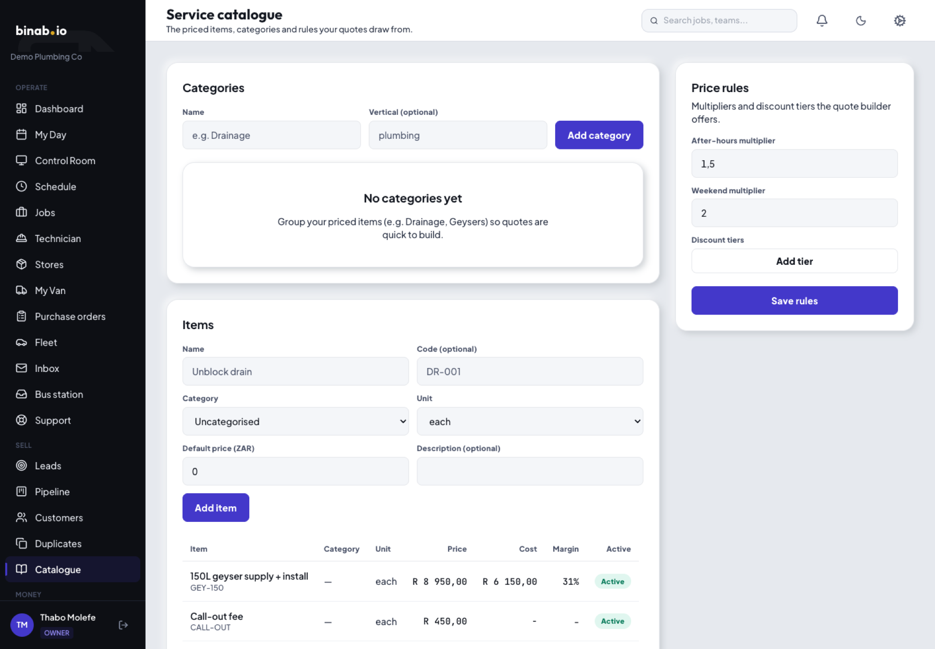 The pricebook a quote is built from, with costs shown against each line