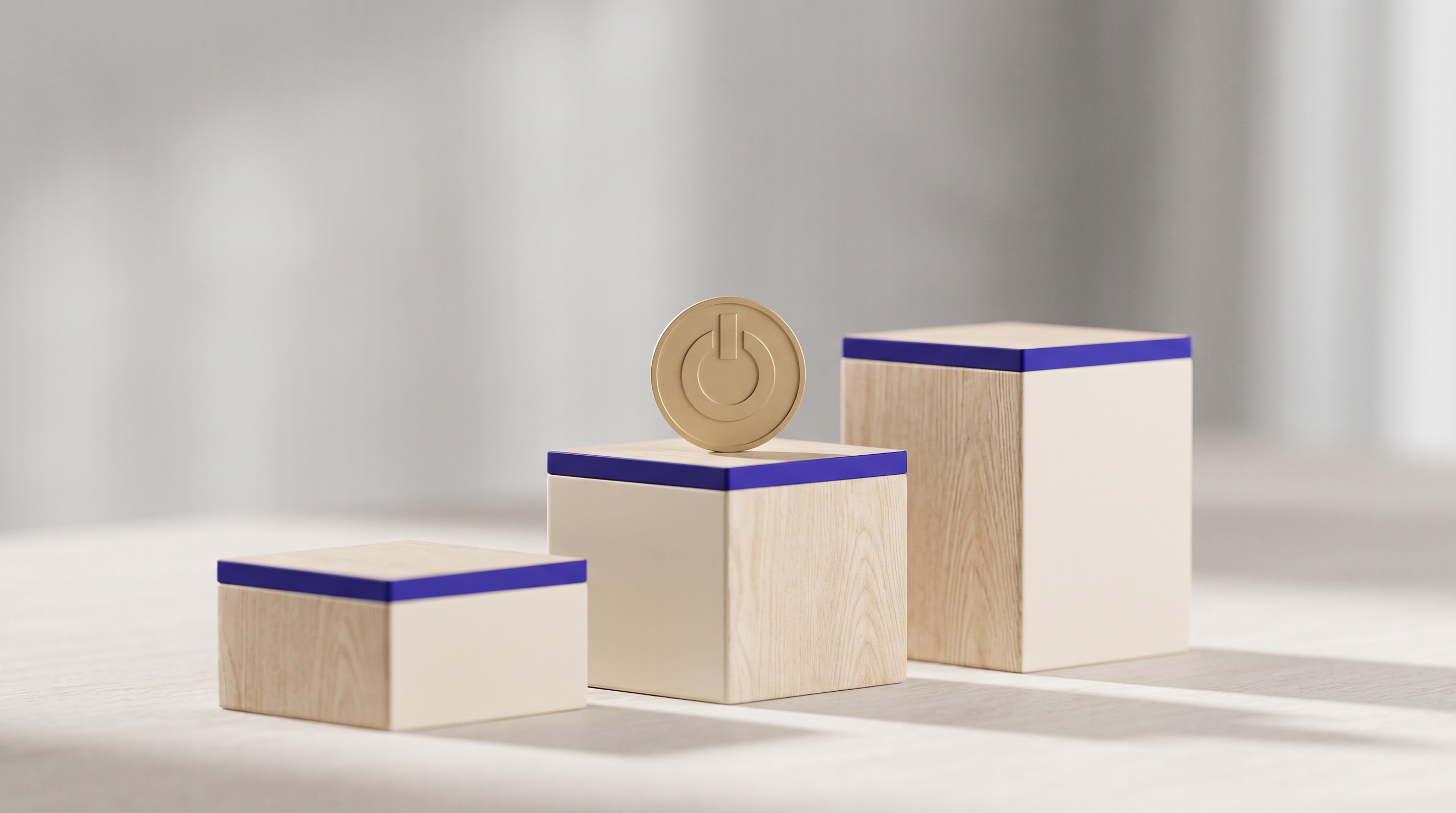 Two binabio packages rendered as blocks of rising size, the larger one carrying the gold on/off mark
